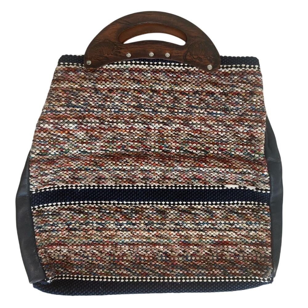 Vintage Woven & Leather Tote Purse Leather Handle Boho Artisan Bag